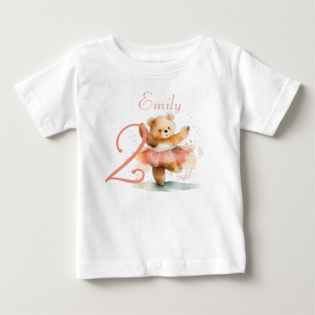 Camiseta Para Bebê Ursinho bailarina aquarela rosa Aniversário (Frente)