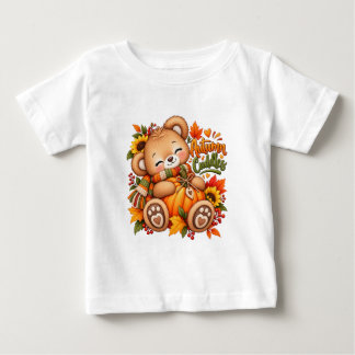 Camiseta Para Bebê Ursinho de Abraço de Outono Abóbora Bebê e Criança