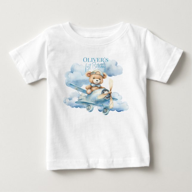 Camiseta Para Bebê Ursinho de Aguarela Piloto Primeiro Aniversário Be (Frente)