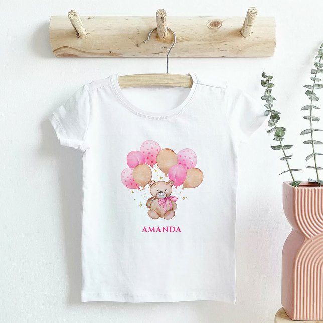 Camiseta Para Bebê Ursinho-de-cabeça-rosa Balões-de-bebê Camisa-de-be (Criador carregado)