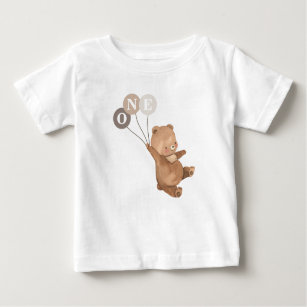 Camiseta Para Bebê Urso 3 Balões Castanhos primeiro aniversario Camis