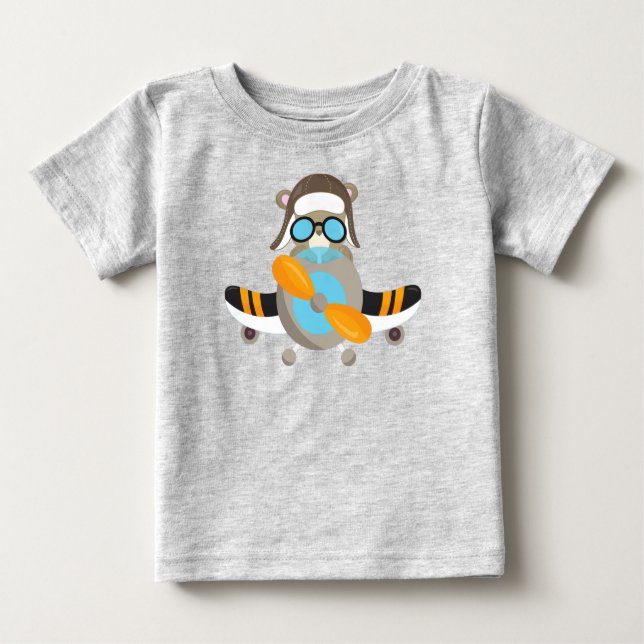 Camiseta Para Bebê Urso Aviador, Urso Piloto, Avião, Urso Justo (Frente)