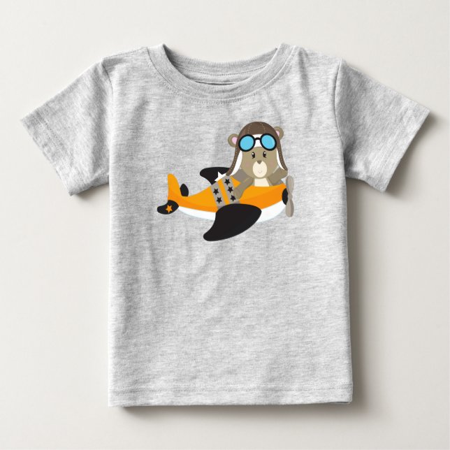 Camiseta Para Bebê Urso Aviador, Urso Piloto, Urso Justo, Avião (Frente)