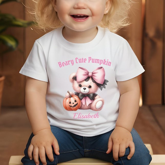 Camiseta Para Bebê Urso Bebê Rosa Bonito com Pumpkin (Criador carregado)