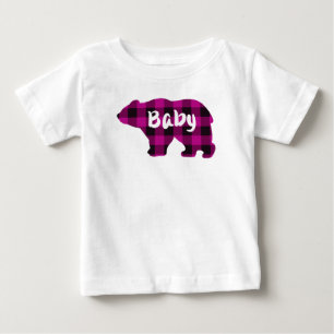 Camiseta Para Bebê Urso Bebê - xadrez rosa e preta