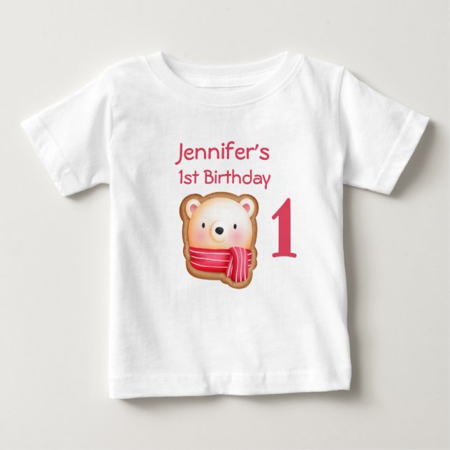 Camiseta Para Bebê Urso Bonito Rosto num Aniversário Vermelho (Frente)