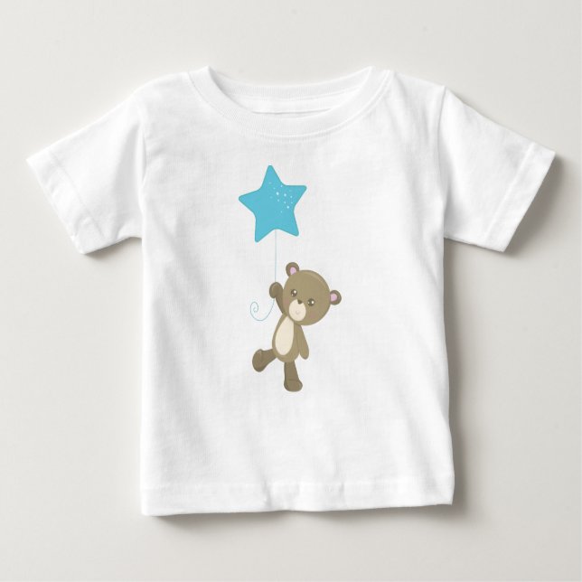 Camiseta Para Bebê Urso Bonito, Urso Com Balão, Urso Pequeno, Estrela (Frente)