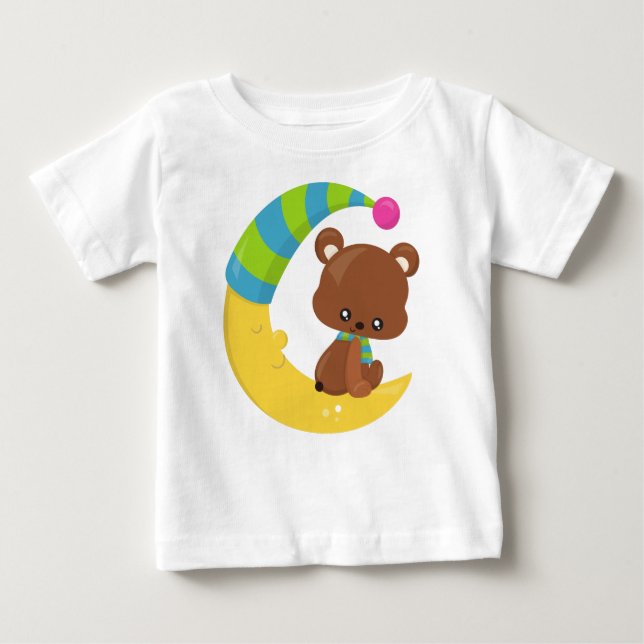 Camiseta Para Bebê Urso Bonito, Urso Na Lua, Urso Com Scarf (Frente)