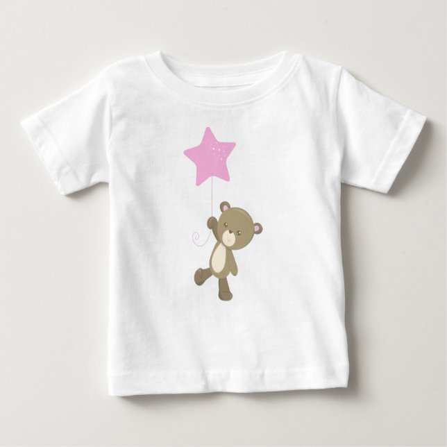 Camiseta Para Bebê Urso Bonito, Urso Pequeno, Urso Com Balão, Estrela (Frente)