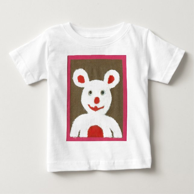 Camiseta Para Bebê Urso Branco com Nariz Vermelho, Boca e Ouvidos (Pa (Frente)