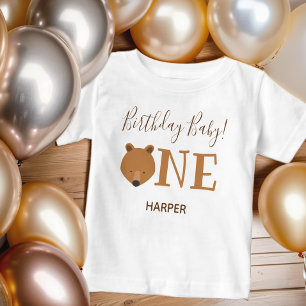 Camiseta Para Bebê Urso-Cinto Um Nome Primeiro Aniversário Camisa-Ca
