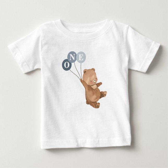 Camiseta Para Bebê Urso com 3 primeiro aniversario de Balões Azuis (Frente)