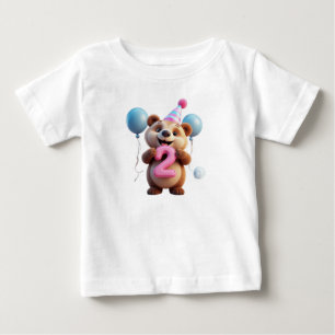 Camiseta Para Bebê Urso de aniversário fofo com chapéu de festa e bal