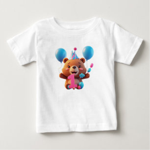 Camiseta Para Bebê Urso de Aniversário Fofo Com Chapéu de Festa e Bal