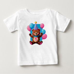 Camiseta Para Bebê Urso de aniversário fofo com chapéu de festa e bal