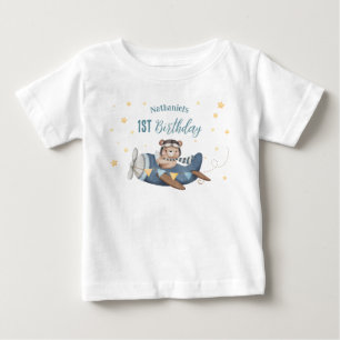 Camiseta Para Bebê Urso de Aviação Fofo Azul Avião Antigo Aniversário