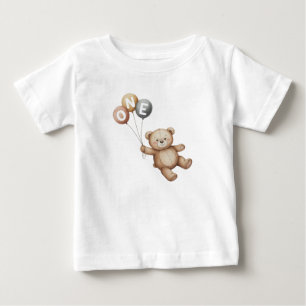 Camiseta Para Bebê Urso de Cintura de Aquarela com Balões Primeiro An
