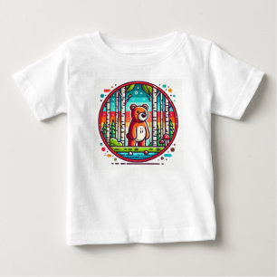 Camiseta Para Bebê Urso de Desenho Animado em uma Floresta Colorida
