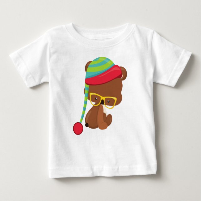 Camiseta Para Bebê Urso De Inverno, Urso De Hipster, Urso Com Óculos, (Frente)