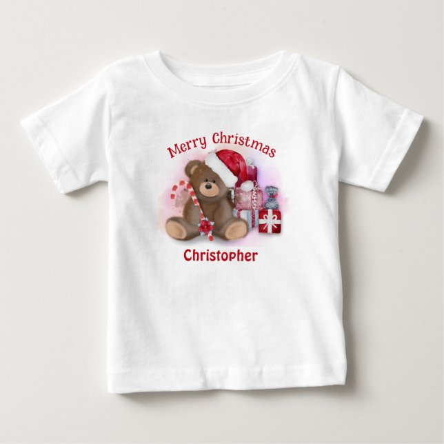 Camiseta Para Bebê Urso de Natal Feliz Toddler Crianças Bebê Natal  (Frente)