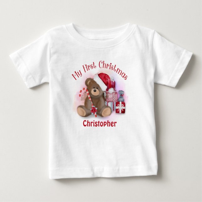 Camiseta Para Bebê Urso de Natal Personalizado para Bebês de Primeiro (Frente)