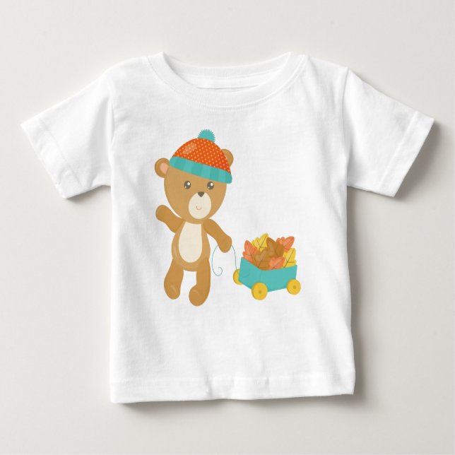 Camiseta Para Bebê Urso de Outono, Urso Bonito, Urso Com Chapéu, Folh (Frente)
