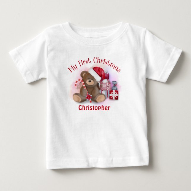 Camiseta Para Bebê Urso de pelúcia de primeiro Natal de bebês persona (Frente)