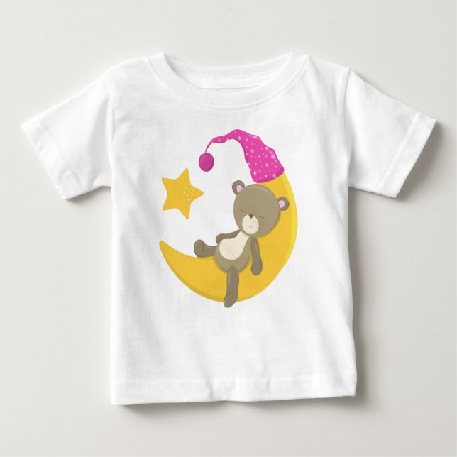 Camiseta Para Bebê Urso Dormindo, Urso Na Lua, Urso Bonito (Frente)