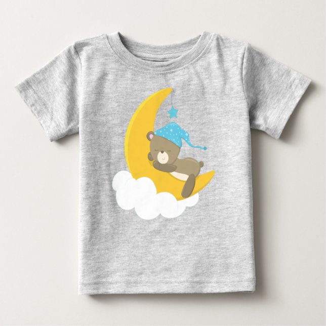 Camiseta Para Bebê Urso Dormindo, Urso Pequeno, Urso Na Lua (Frente)