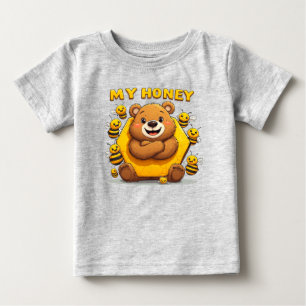 Camiseta Para Bebê Urso Fofo Abraçando Favinho de Mel Amarelo