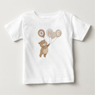 Camiseta Para Bebê Urso Fofo com Balões Aniversário de 1 Ano