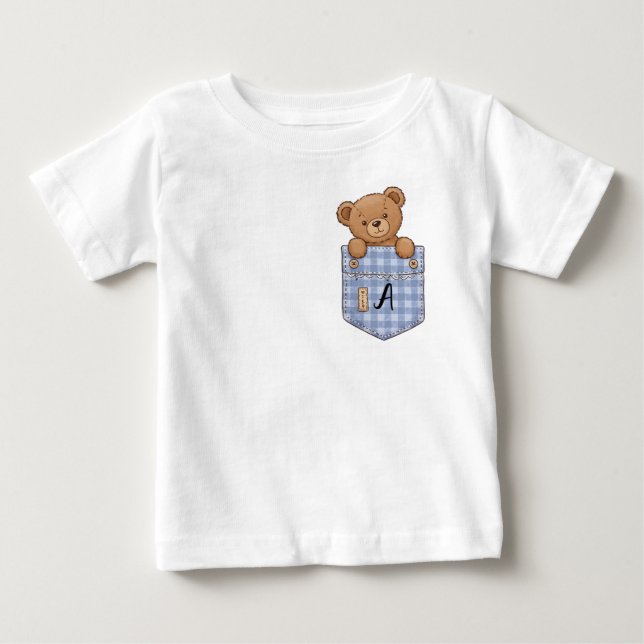 Camiseta Para Bebê Urso Fofo Espiando do Bolso com Inicial (Frente)