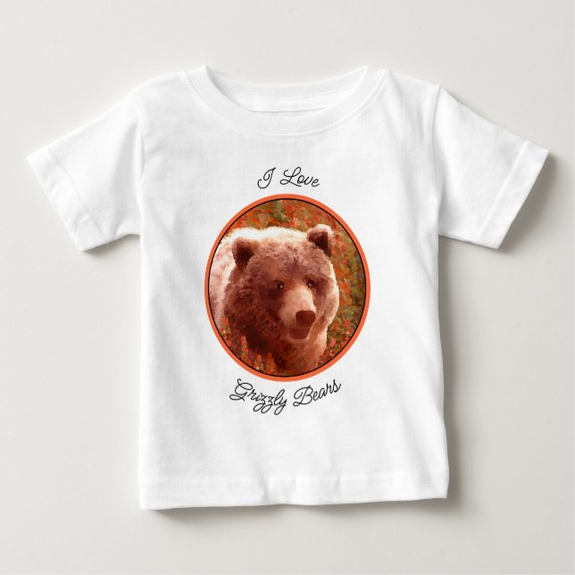 Camiseta Para Bebê Urso Grizzly na Pintura de Arte Selvagem com Algas (Frente)