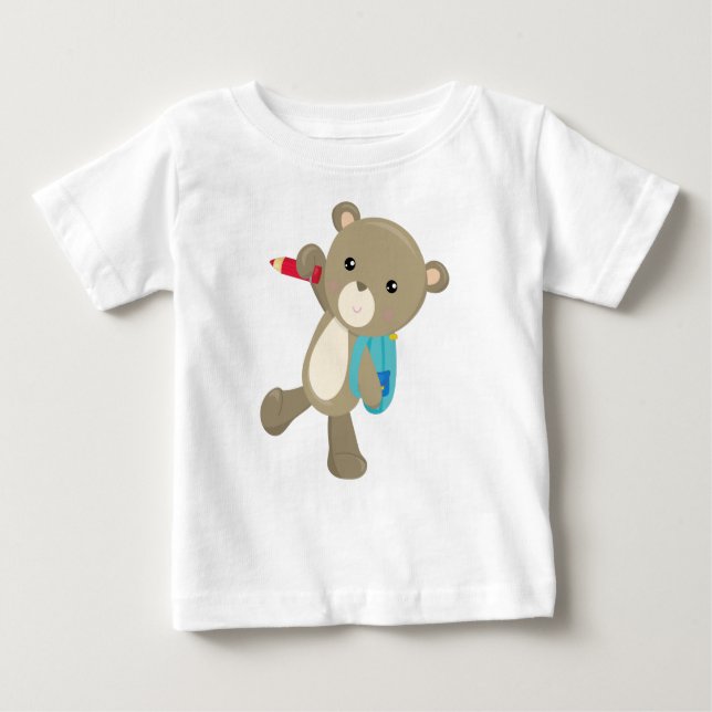 Camiseta Para Bebê Urso Indo Para A Escola, Urso Bonito, Mochila, Láp (Frente)
