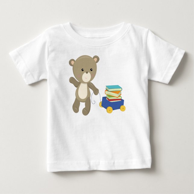 Camiseta Para Bebê Urso Indo Para A Escola, Urso Marrom, Urso Bonito, (Frente)