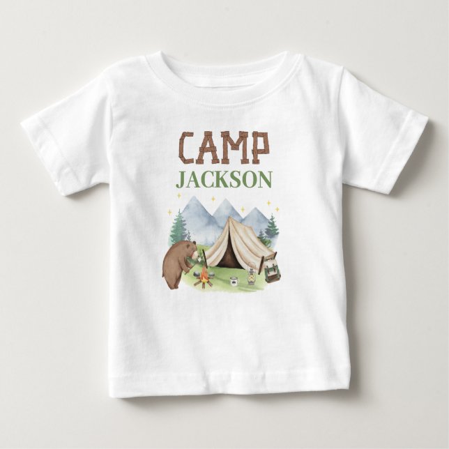 Camiseta Para Bebê Urso Marrom Fofo Tenda Feliz Campeão 1º Aniversári (Frente)