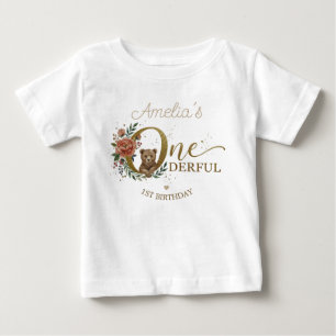Camiseta Para Bebê Urso Marrom Sage Verde One-Derful 1º Aniversário
