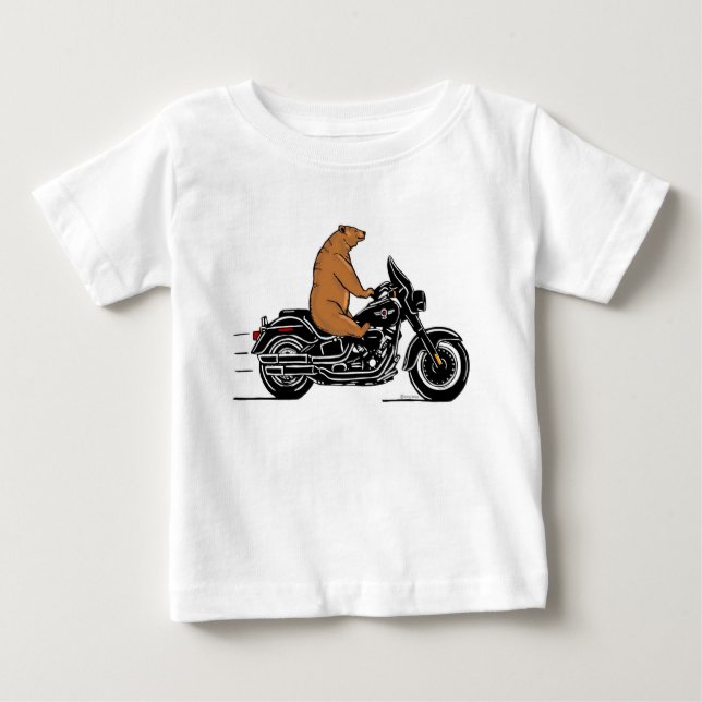 Camiseta Para Bebê Urso marrom-timado a andar de motocicleta (Frente)