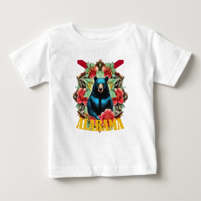 Camiseta Para Bebê Urso Negro, Camellia E Hydrangea Estado Do Alabama (Frente)