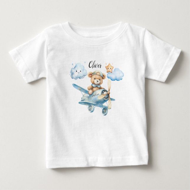 Camiseta Para Bebê Urso no Aniversário do Avião Blue Boys (Frente)