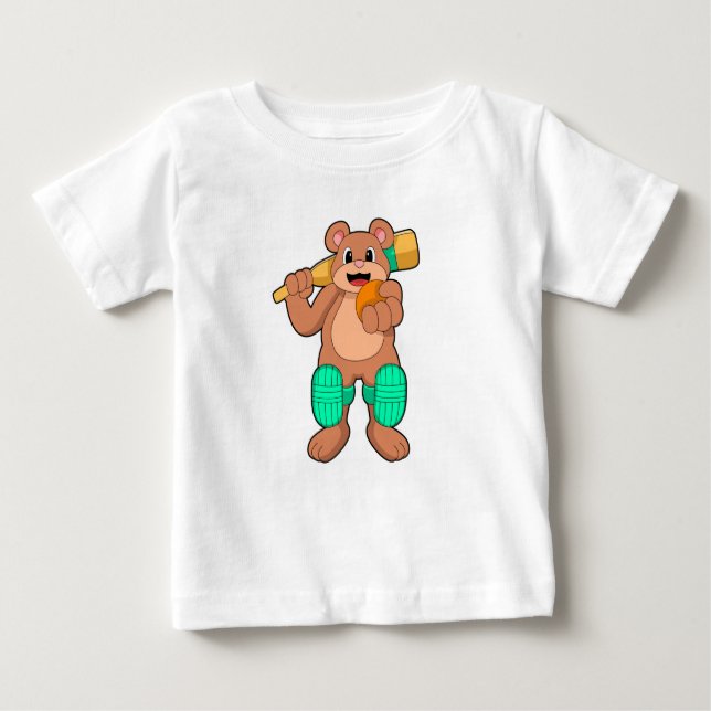 Camiseta Para Bebê Urso no Cricket com bastão de Cricket (Frente)
