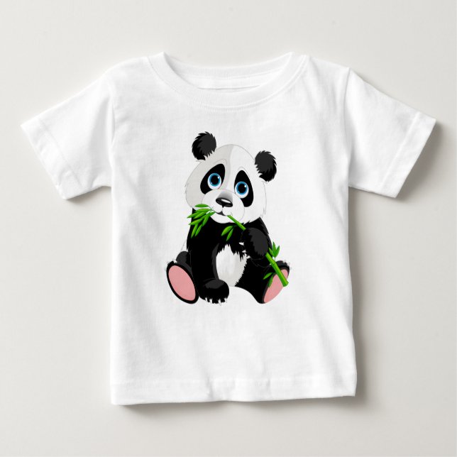 Camiseta Para Bebê Urso-Panda Negro e Branco Comendo Bambu Verde (Frente)