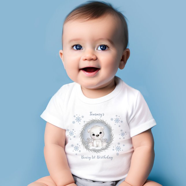 Camiseta Para Bebê Urso Polar Azul-primeiro aniversario De Rapto De I (Winter Boy Beary 1st Birthday Cute Blue Polar Bear Baby T-Shirt)