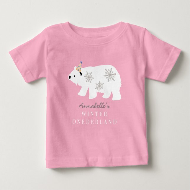 Camiseta Para Bebê Urso Polar Inverno Onederland Rosa Aniversário de  (Frente)