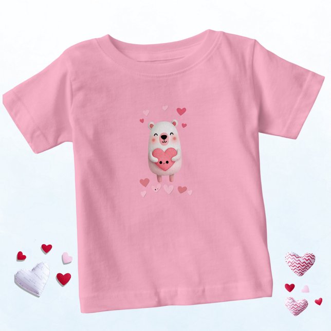 Camiseta Para Bebê Urso Polar Kawaii Rosa e Branco com Corações (Criador carregado)