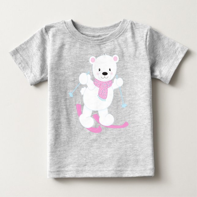 Camiseta Para Bebê Urso Polar, Urso Branco, Urso Bonito, Urso De Esqu (Frente)