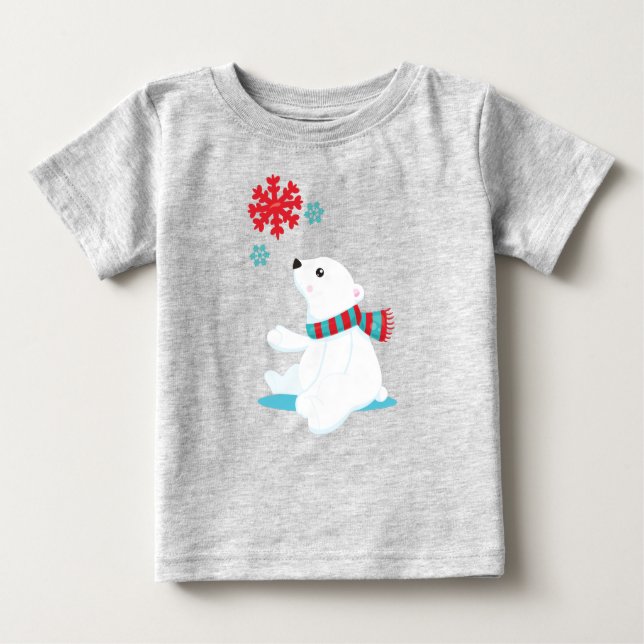 Camiseta Para Bebê Urso Polar, Urso Com Scarf, Urso Bonito, Flocos De (Frente)