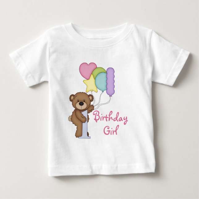 Camiseta Para Bebê Urso primeiro aniversario com Garota de Aniversári (Frente)