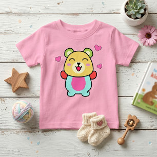 Camiseta Para Bebê Urso Teddy Kawaii Sorridente com Corações de Amor