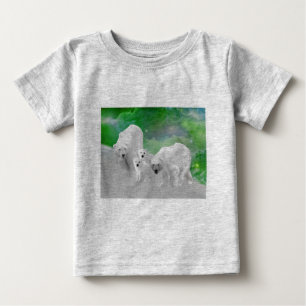 Camiseta Para Bebê Ursos polares, filhotes e aurora boreal
